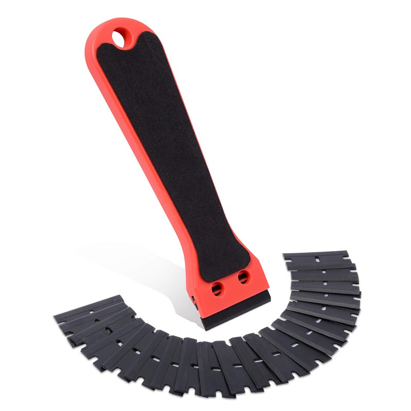FOSHIO 6 Inch Plastic Scraper with 20 PCS Plastic Razor Blades, Scraper Tool for Sticker, Gasket, Label Remover (Red) - Image 1